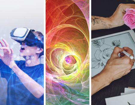 a person with a virtual reality headset, a photo of digital art and a person using the iPad